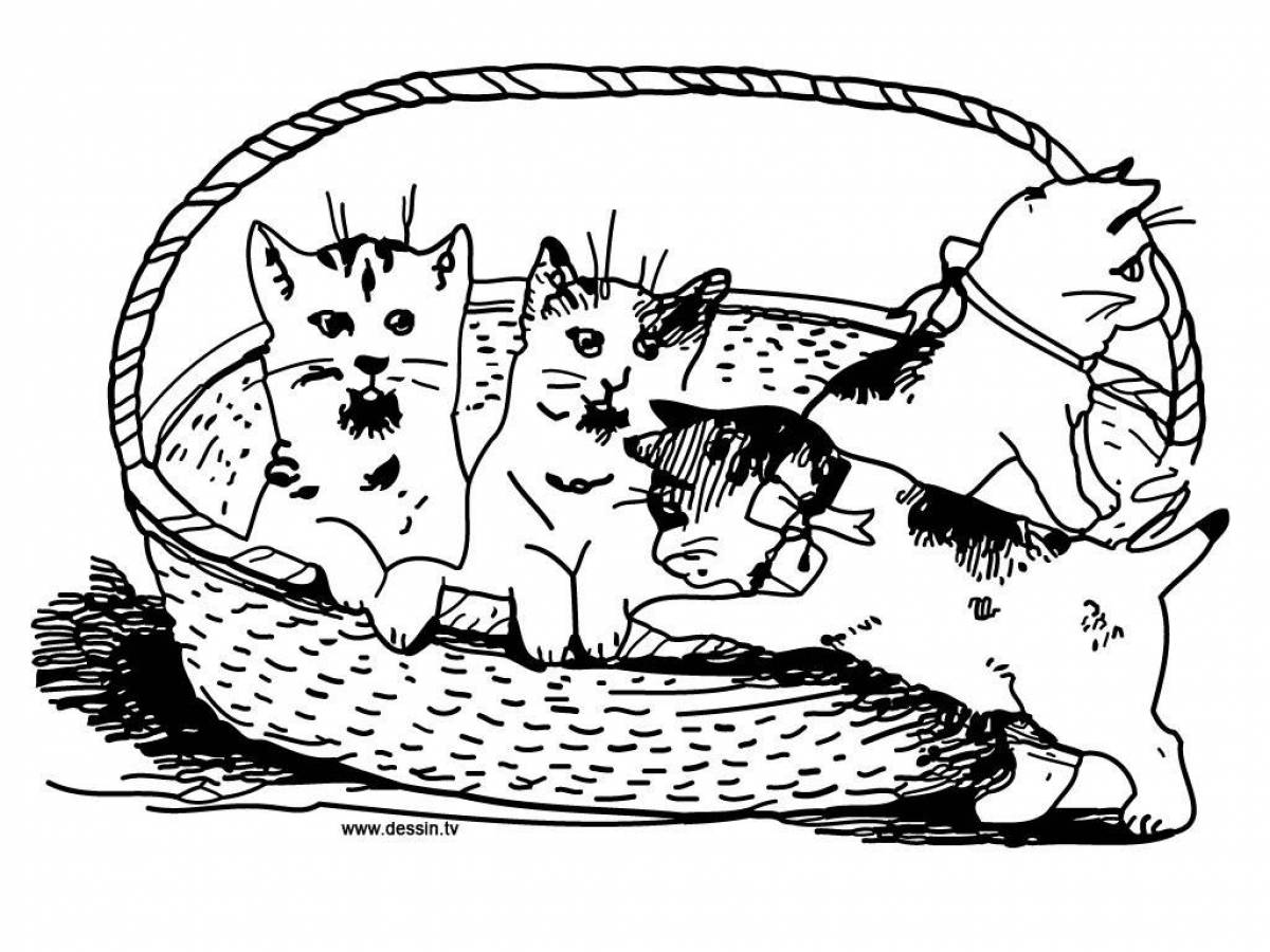 Игривая раскраска кошка с котятами