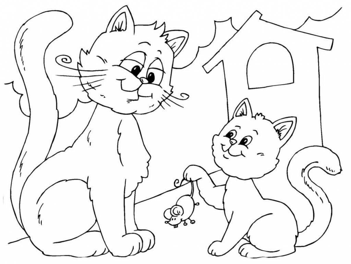 Милая раскраска кошка с котятами