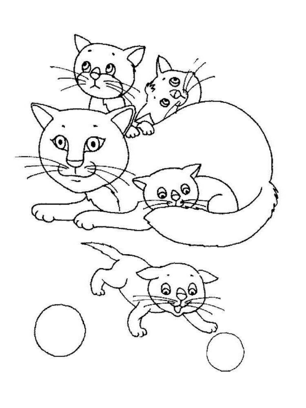 Пушистая раскраска кошка с котятами