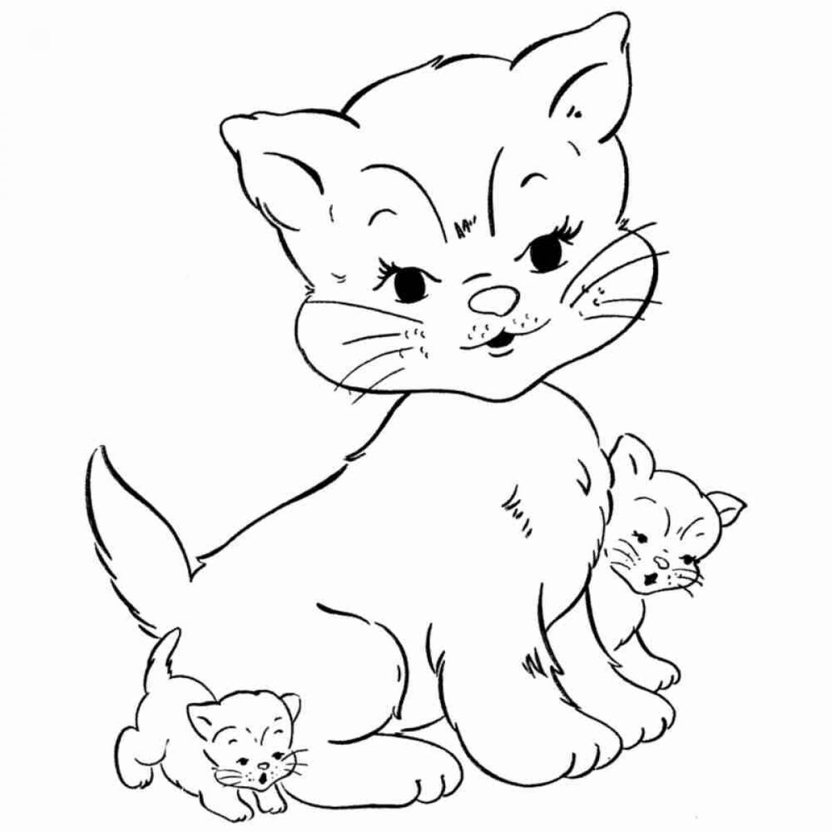 Величественная раскраска кошка с котятами