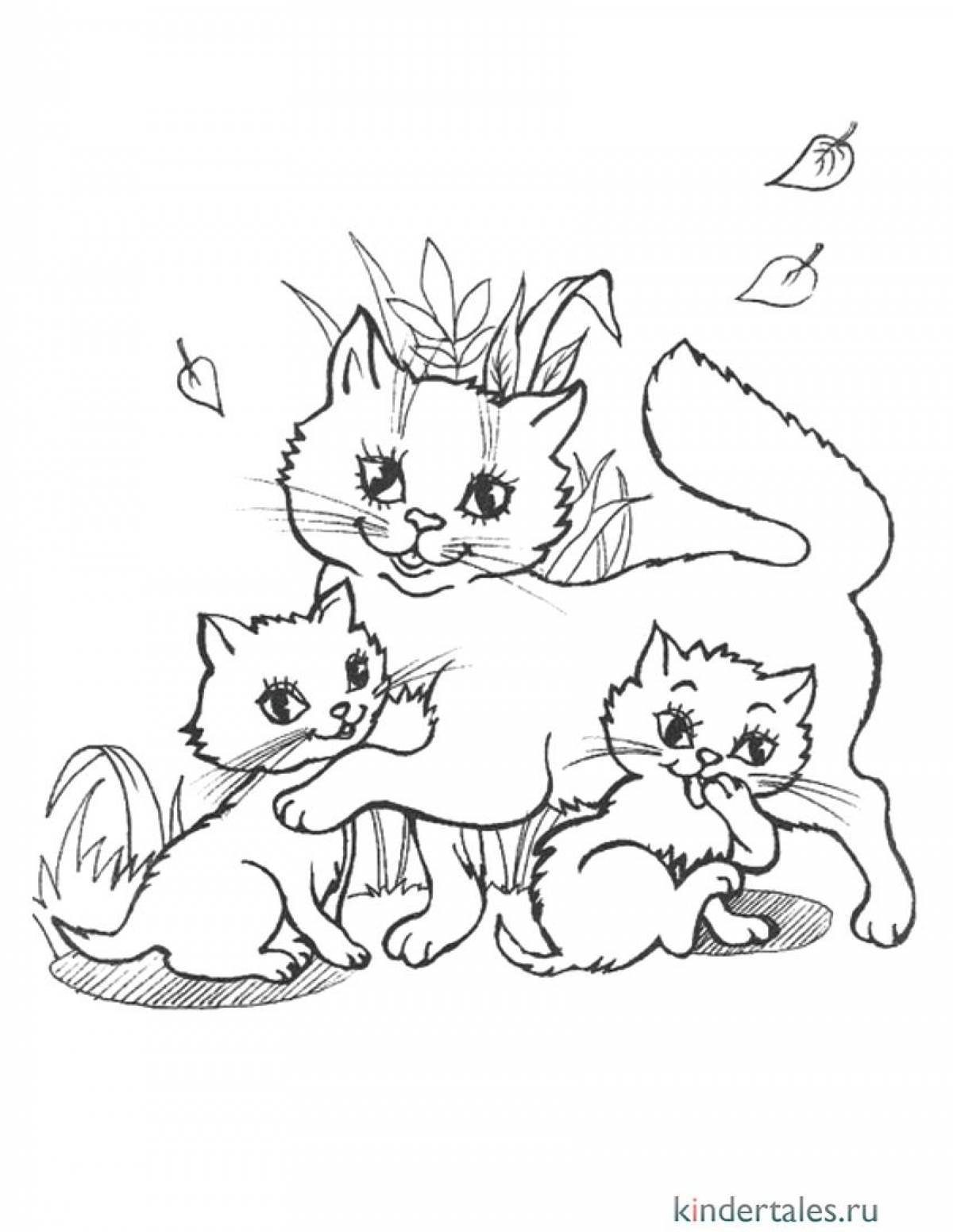 Serene coloring page cat with kittens