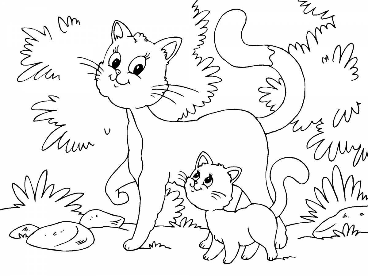 Живая раскраска кошка с котятами