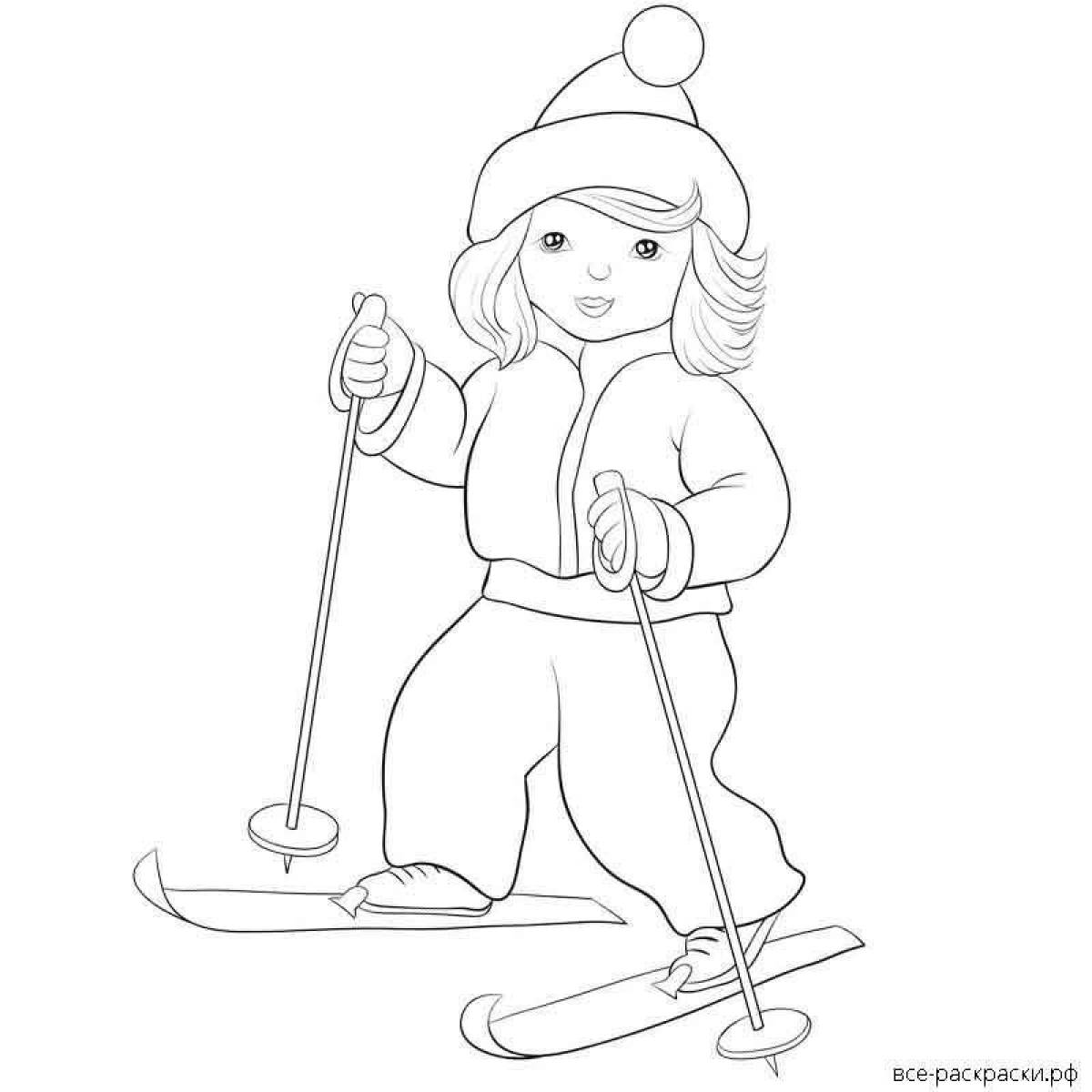 Раскраски лыжник, Раскраска Лыжник лыжи.