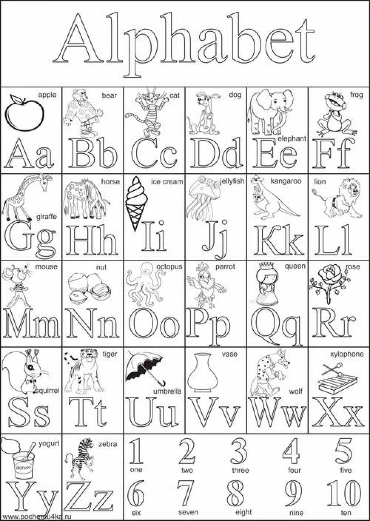 Colorful english alphabet coloring page for kids of all levels