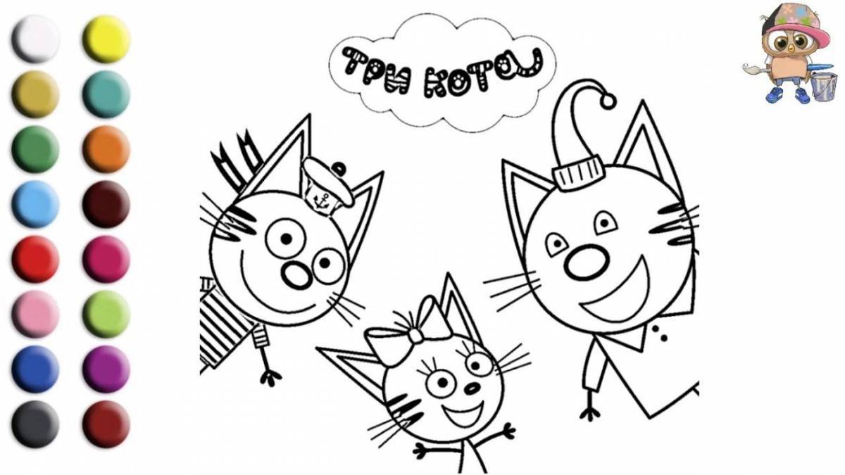 Fluffy three cats coloring page