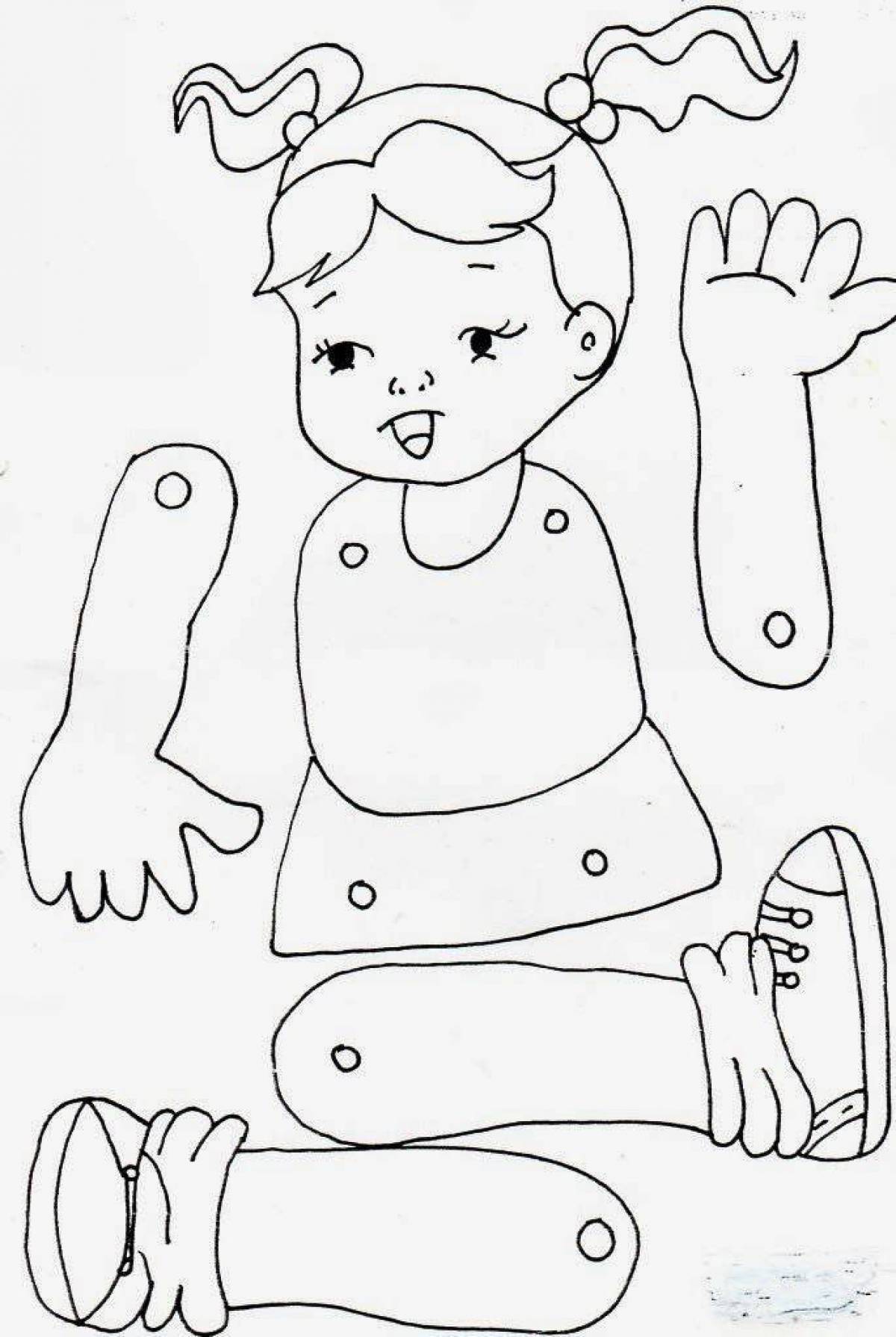 Тело пупса. Кукла раскраска для детей. Части тела раскраска для детей. Трафарет куклы. Подвижные игрушки.
