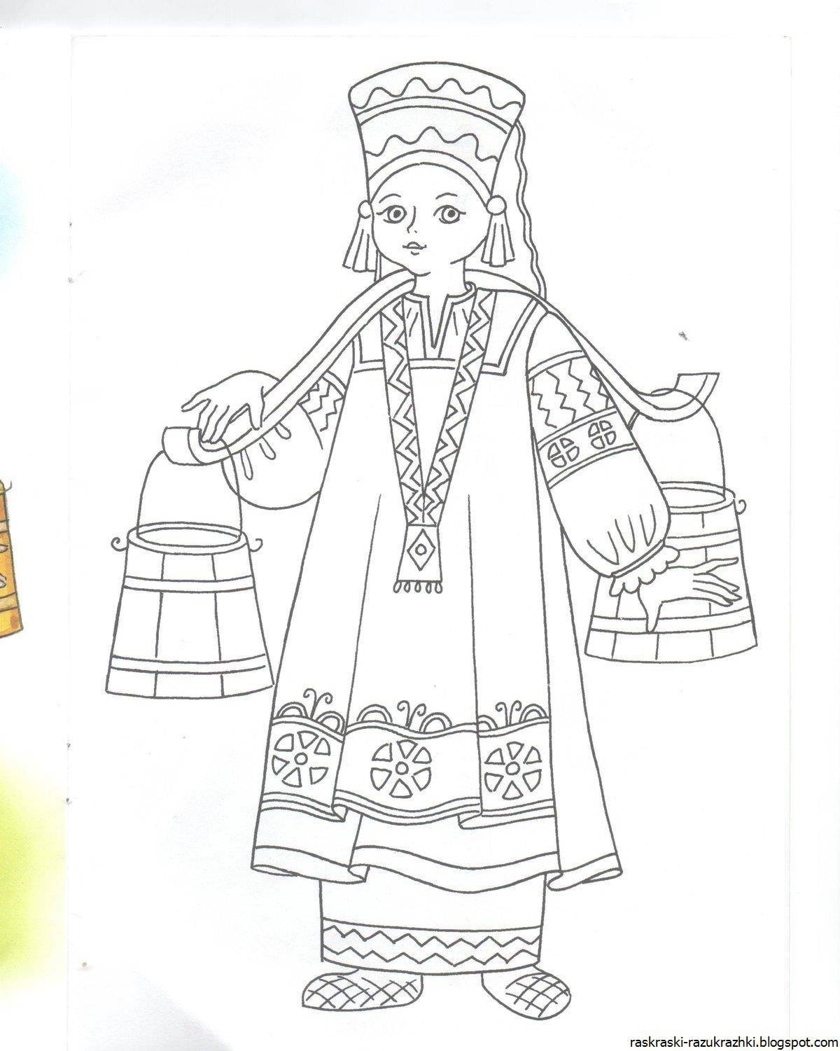 Vibrant Russian national costume coloring page
