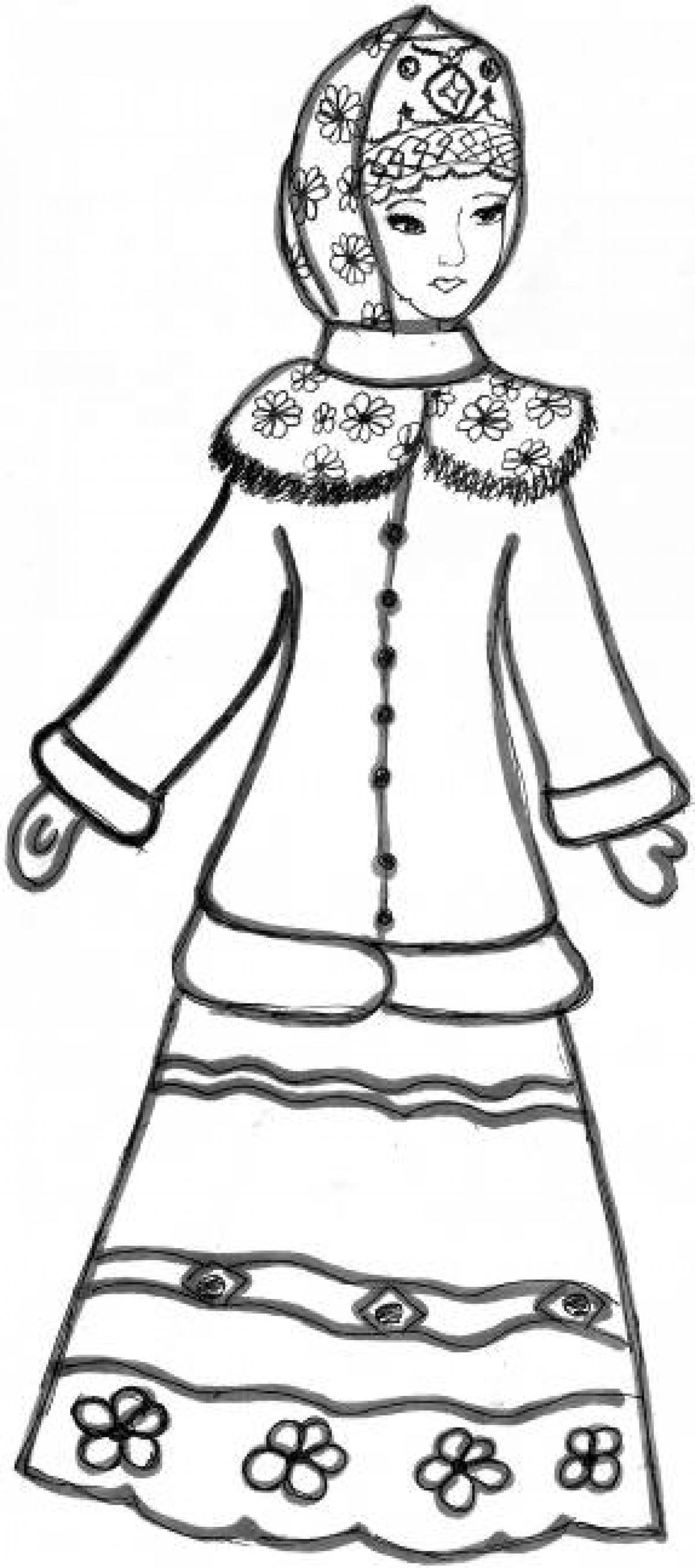 Coloring page elegant Russian national costume