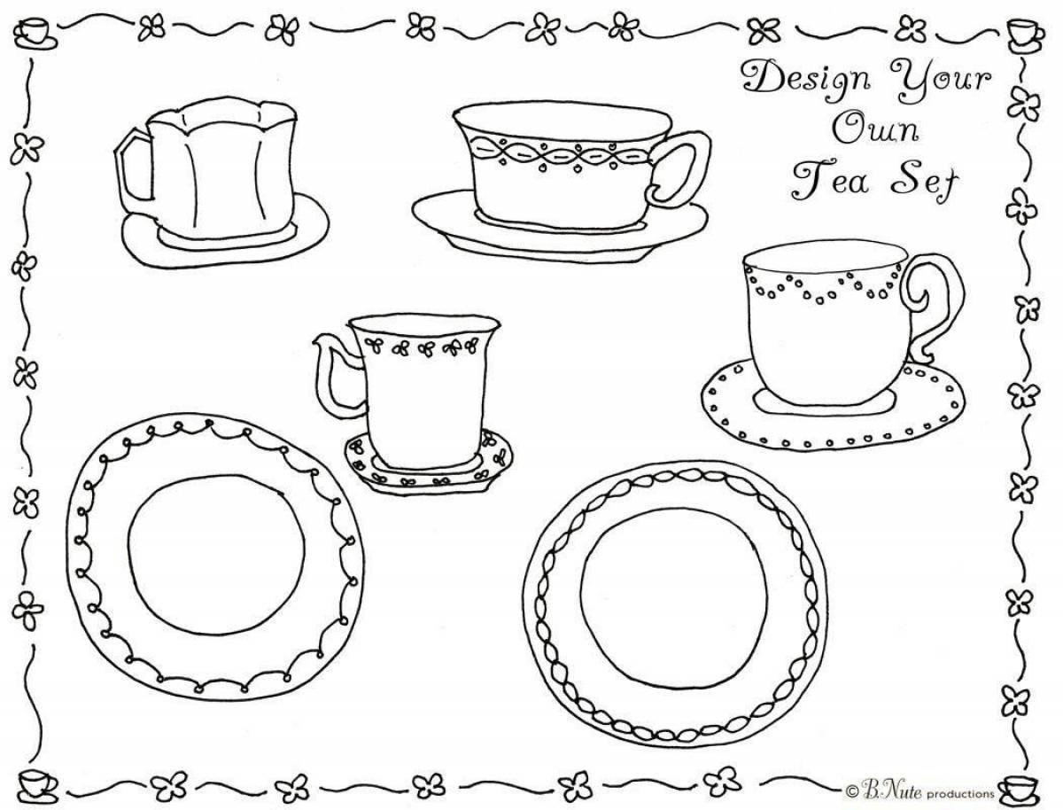 Colourful tableware coloring book for children 6-7 years old