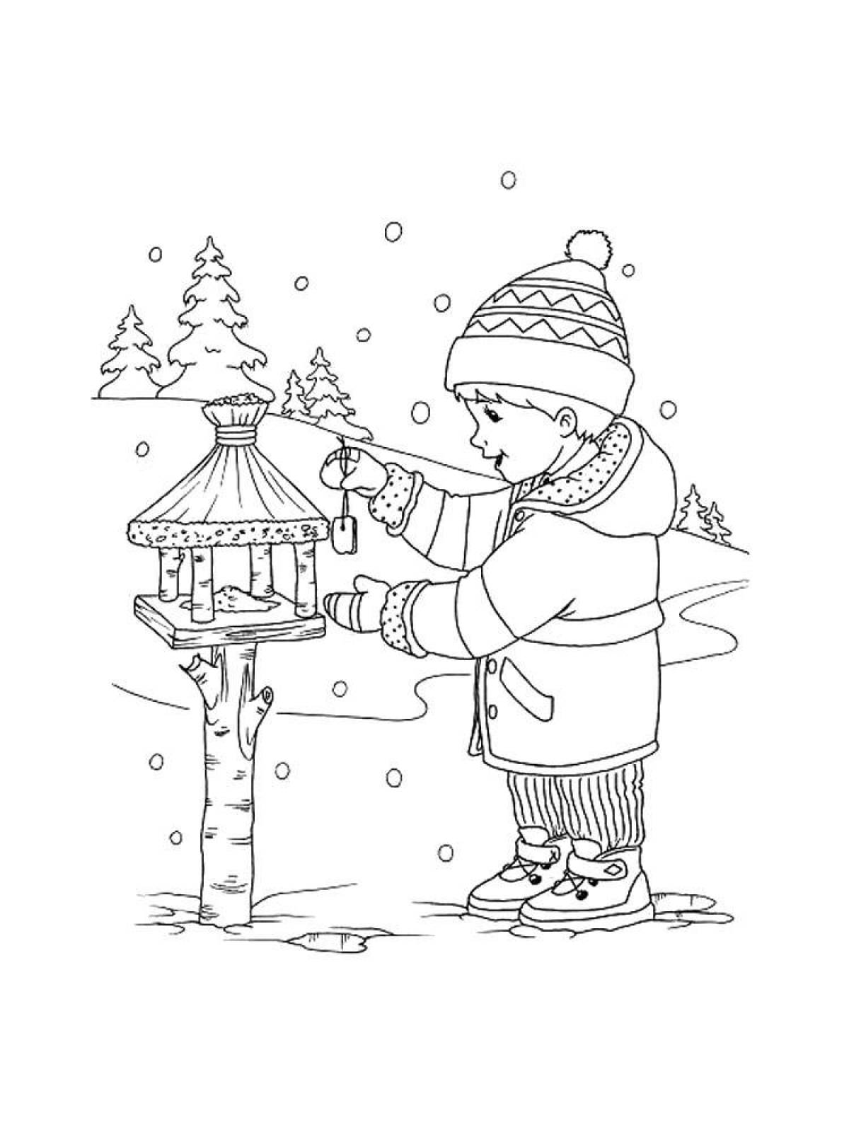 Раскраска для девочек Девушка зимой кормит птиц