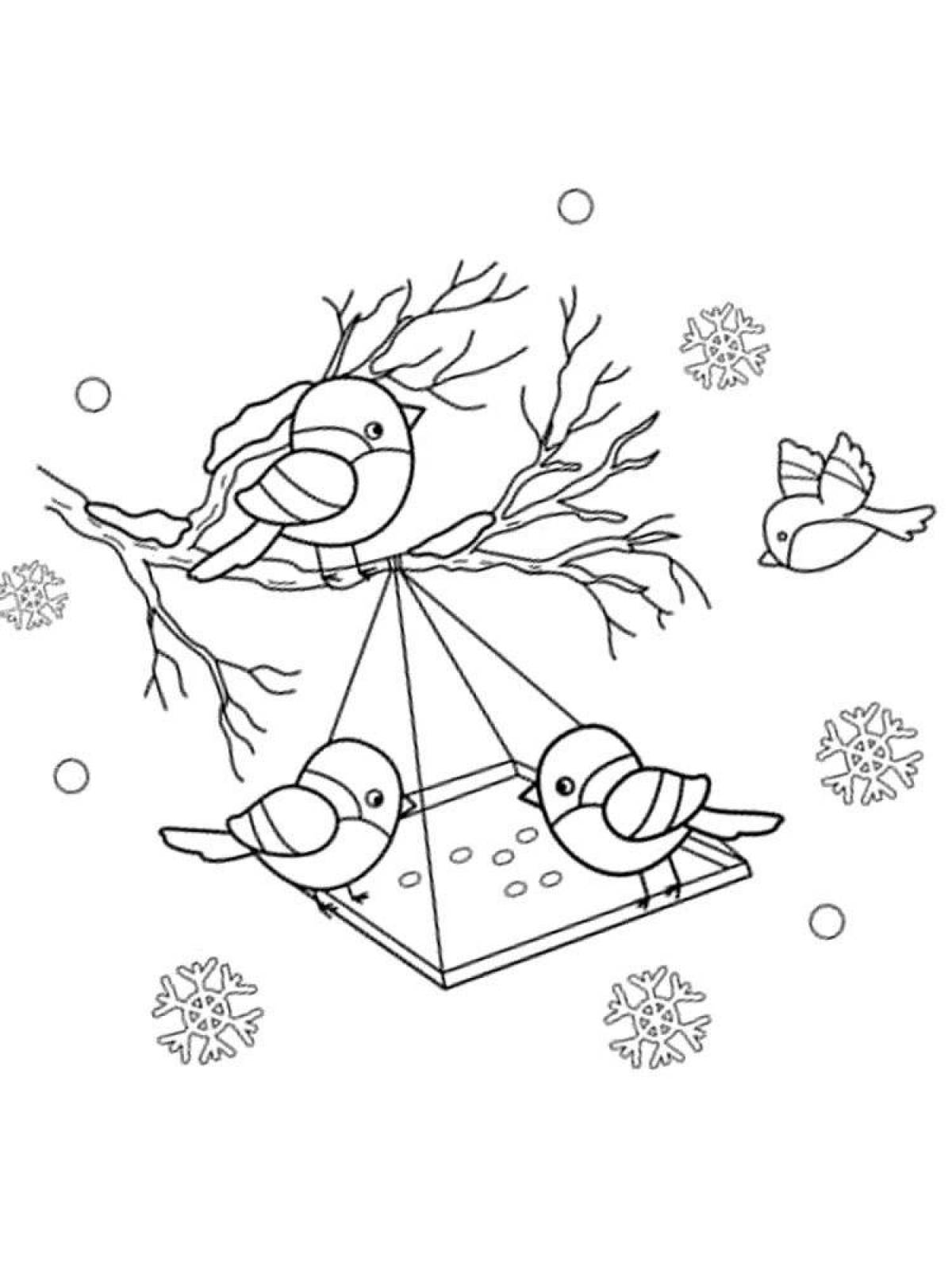 Calming bird feeding in winter coloring book