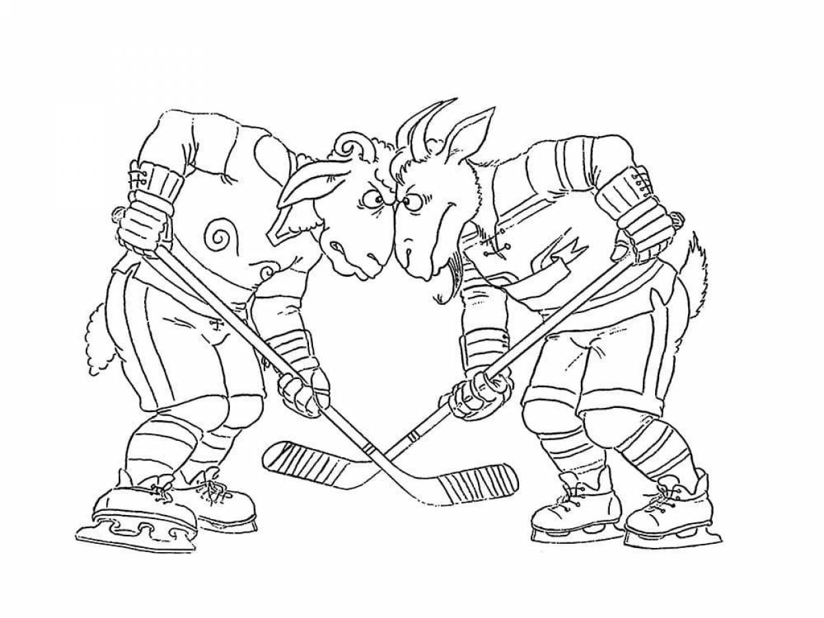 Coloring page of a cheerful hockey player for children