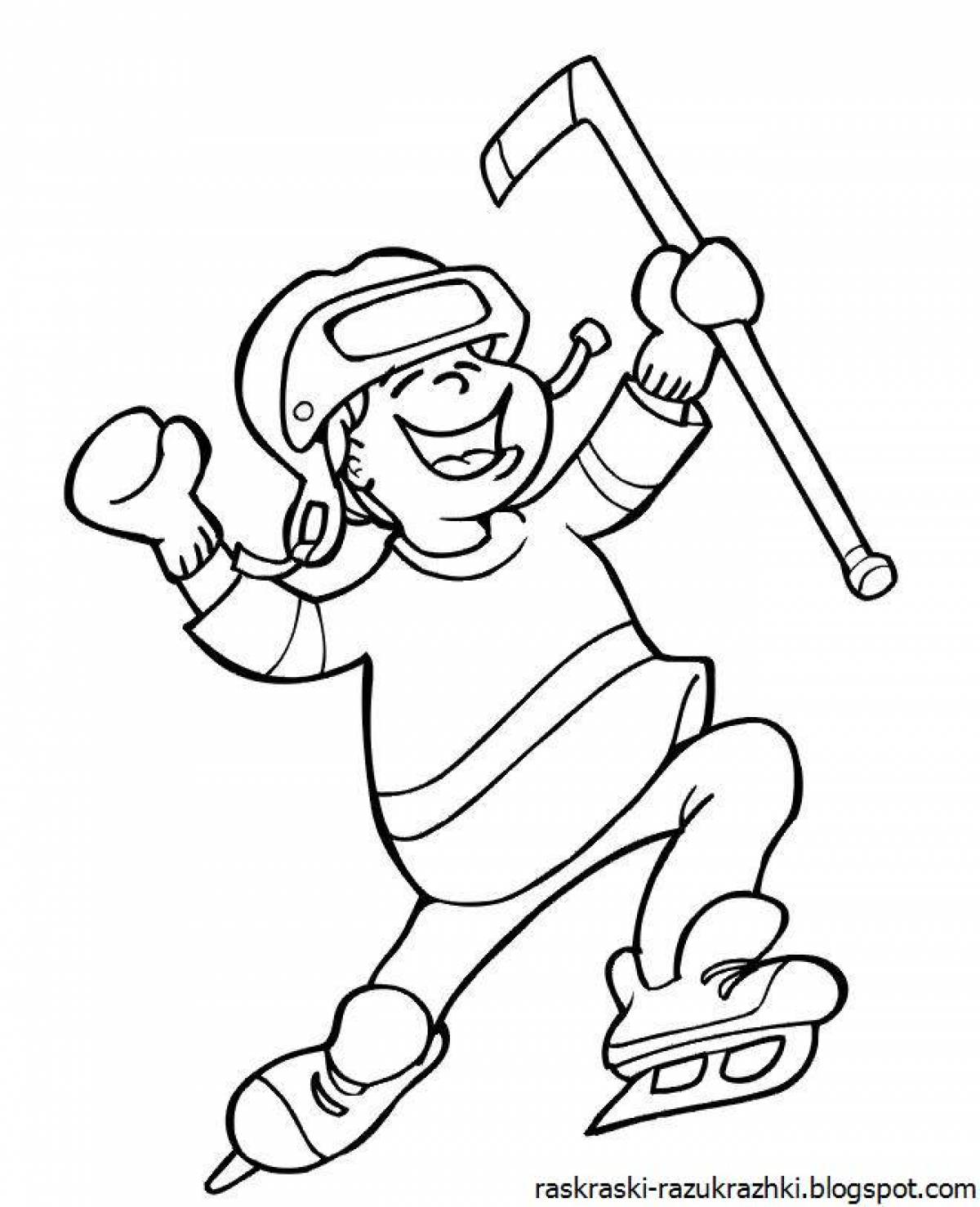 Coloring page joyful hockey player for kids