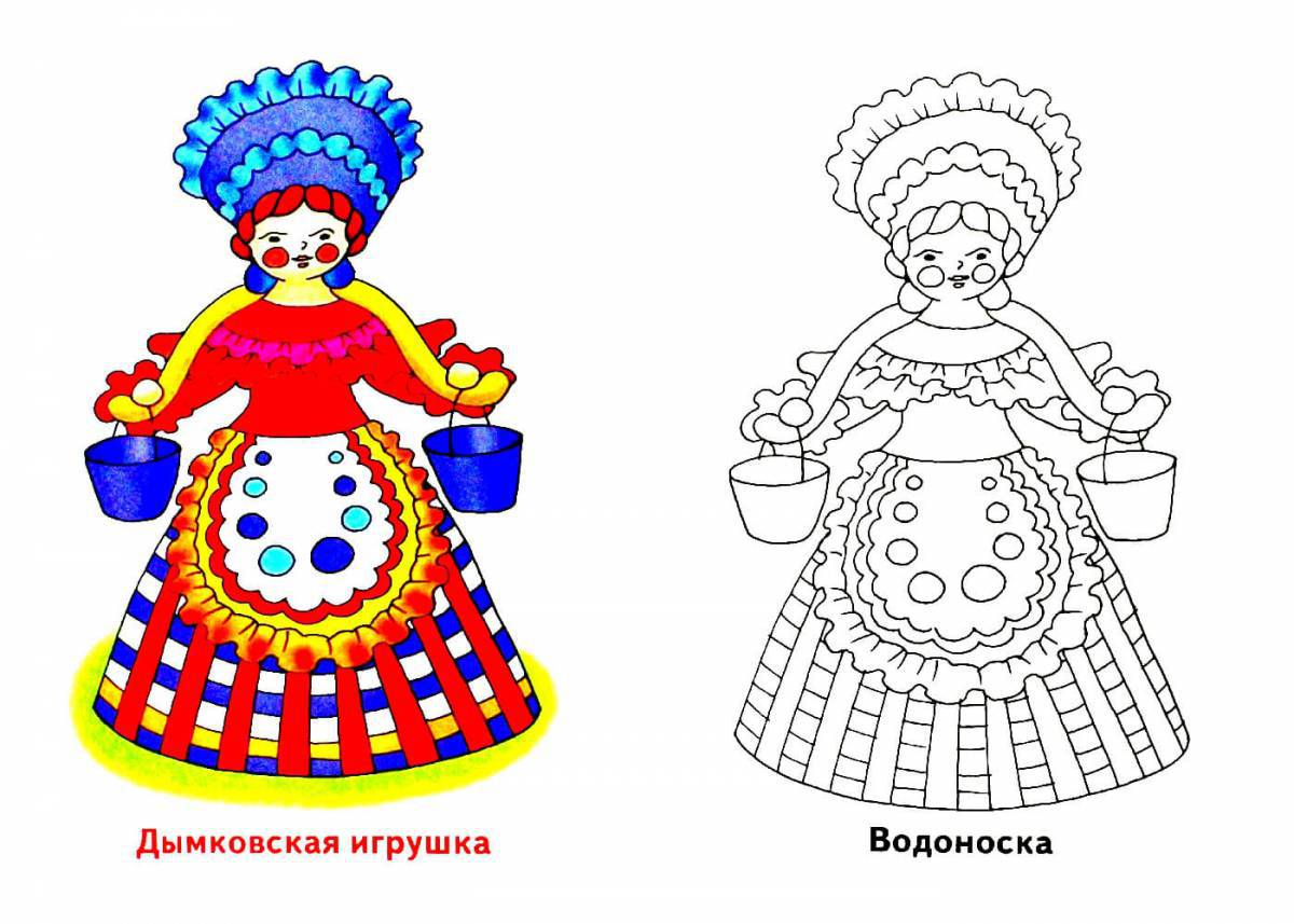 Cute coloring young lady Dymkovo toy