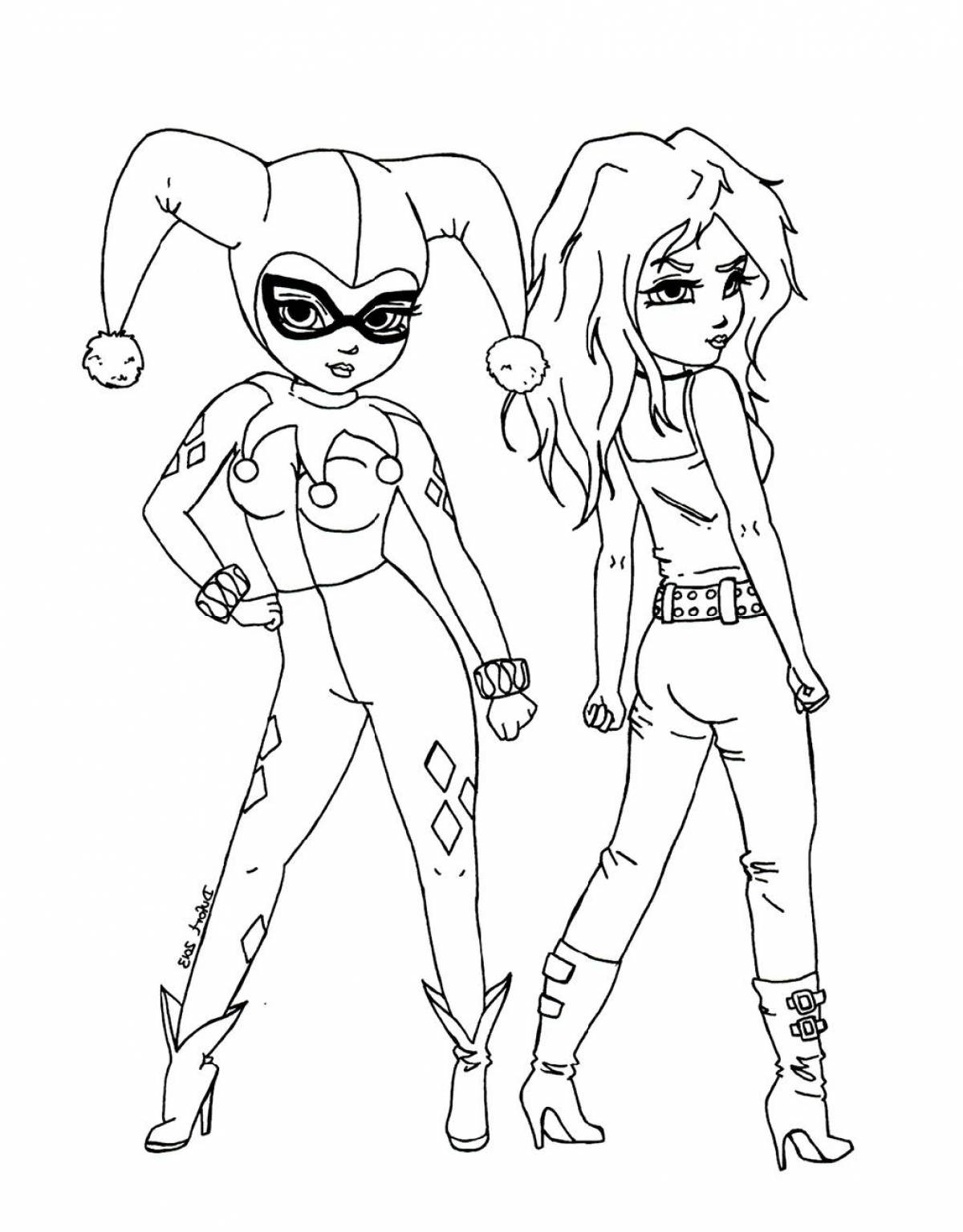 Harley quinn playful coloring page