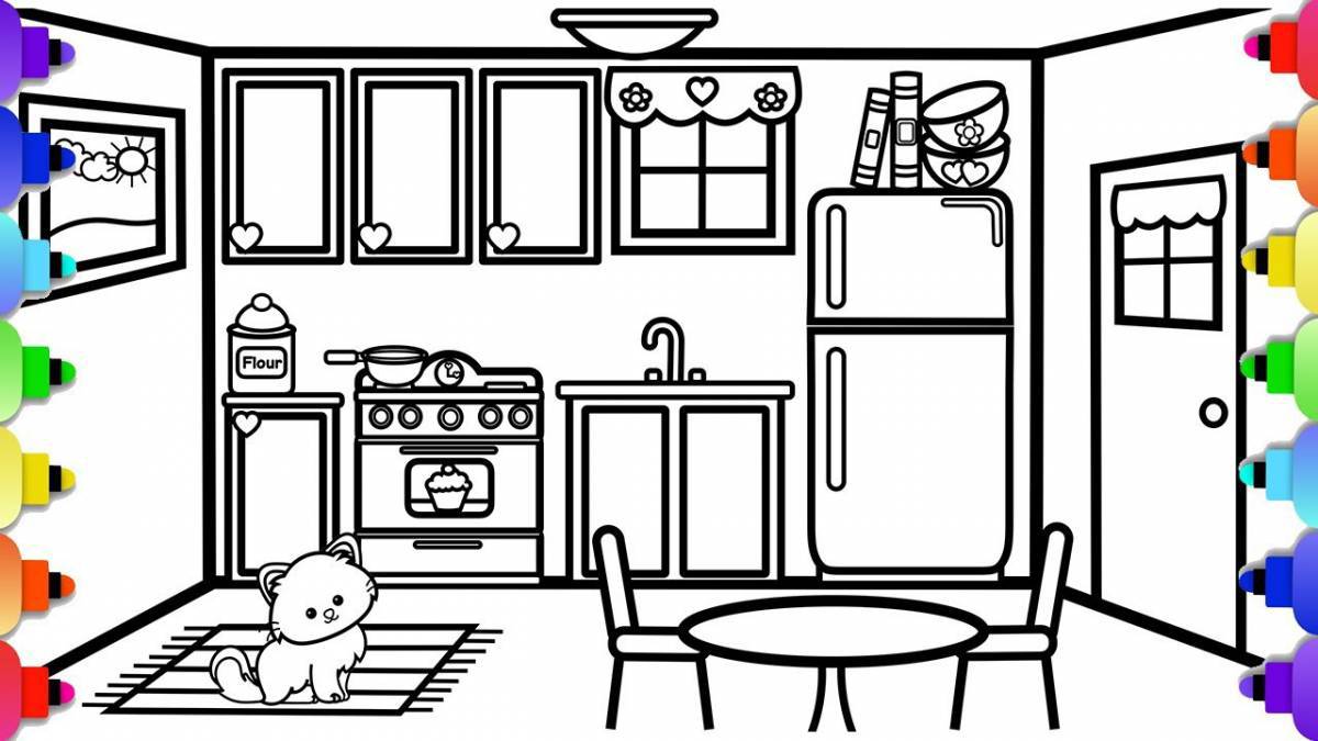 Colorful kitchen coloring book for kids