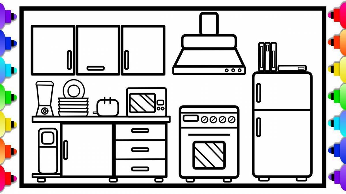 Cute kitchen coloring book for kids