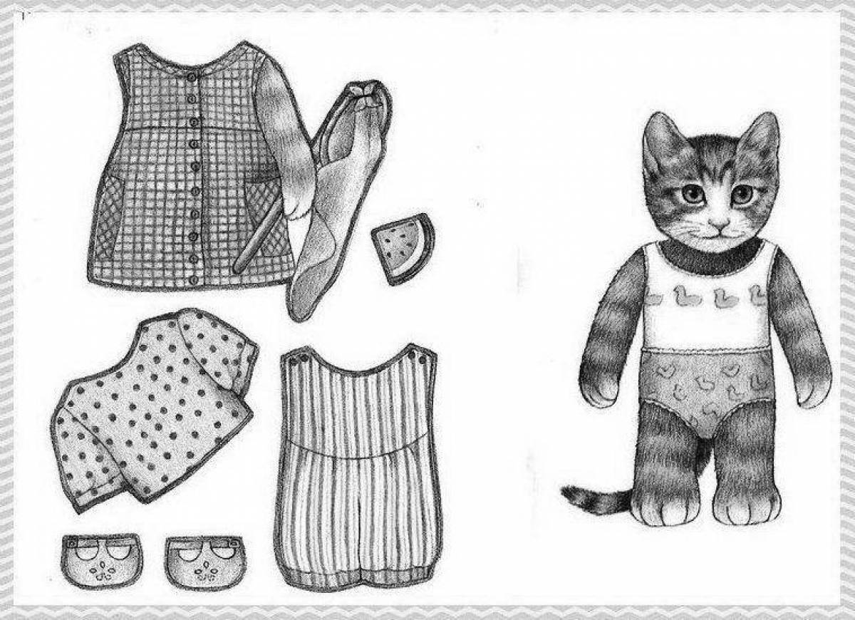 Раскраска милых котиков с одеждой. Бумажные куклы. Бумажные куклы с одеждой. Бумажные зверюшки с одеждой. Бумажные звери с одеждой.