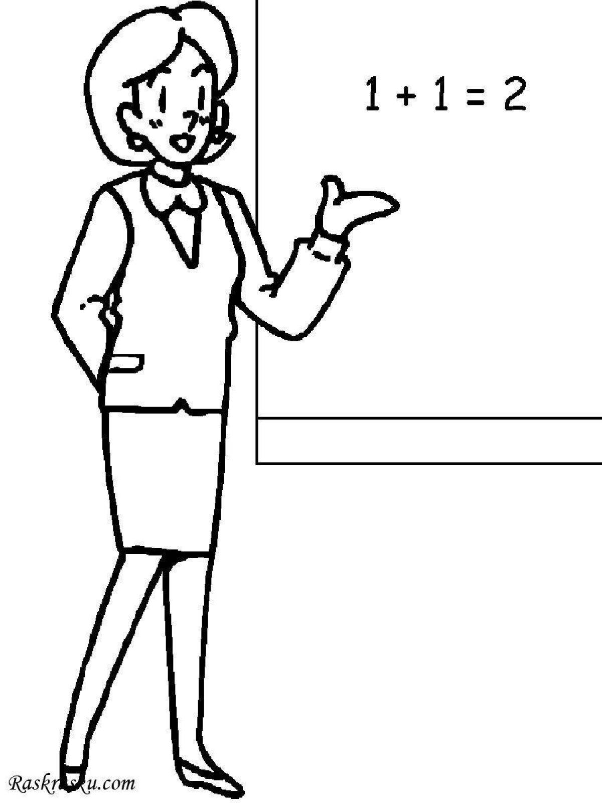 Coloring page happy teacher for kids