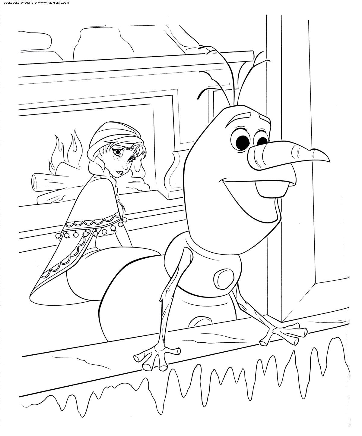 Coloring page cold heart cute olaf near the window