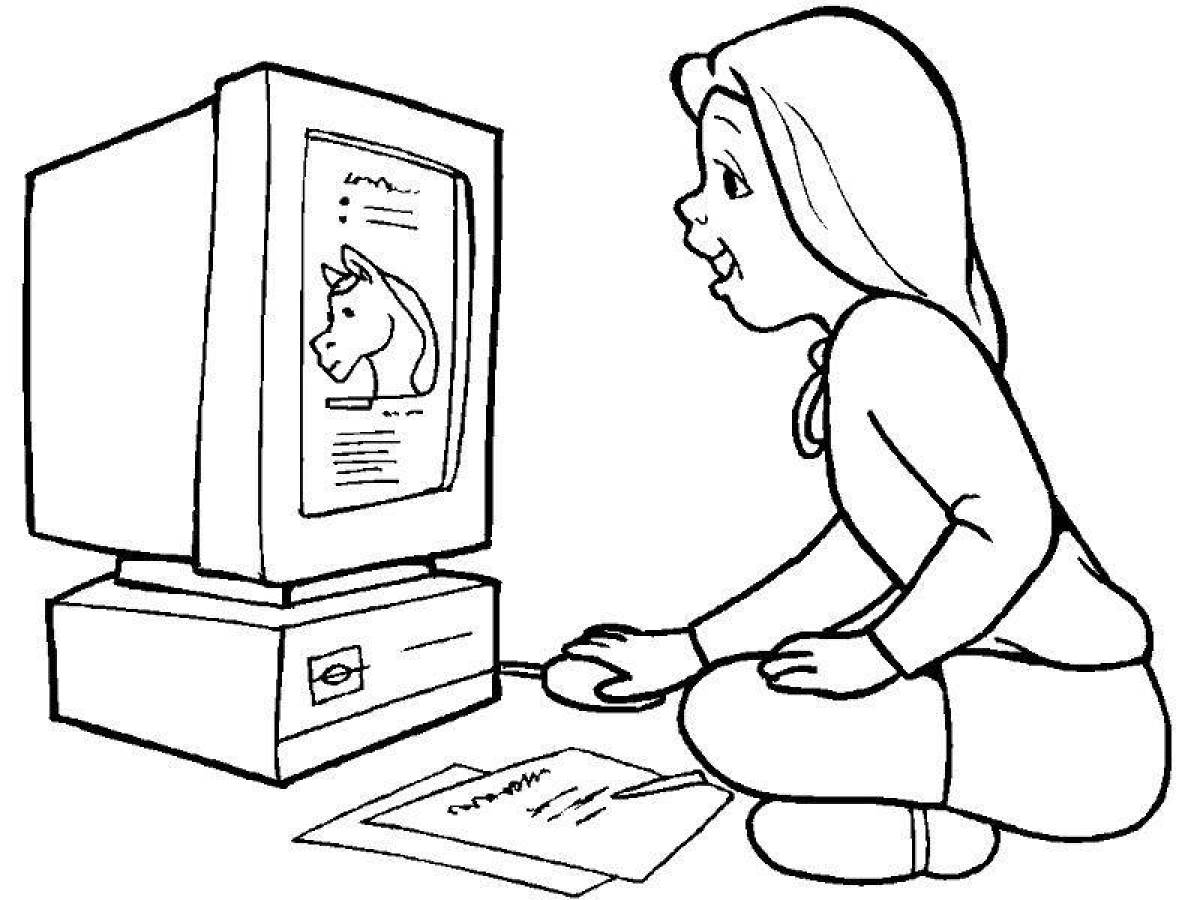 Раскраска девочка за компьютером