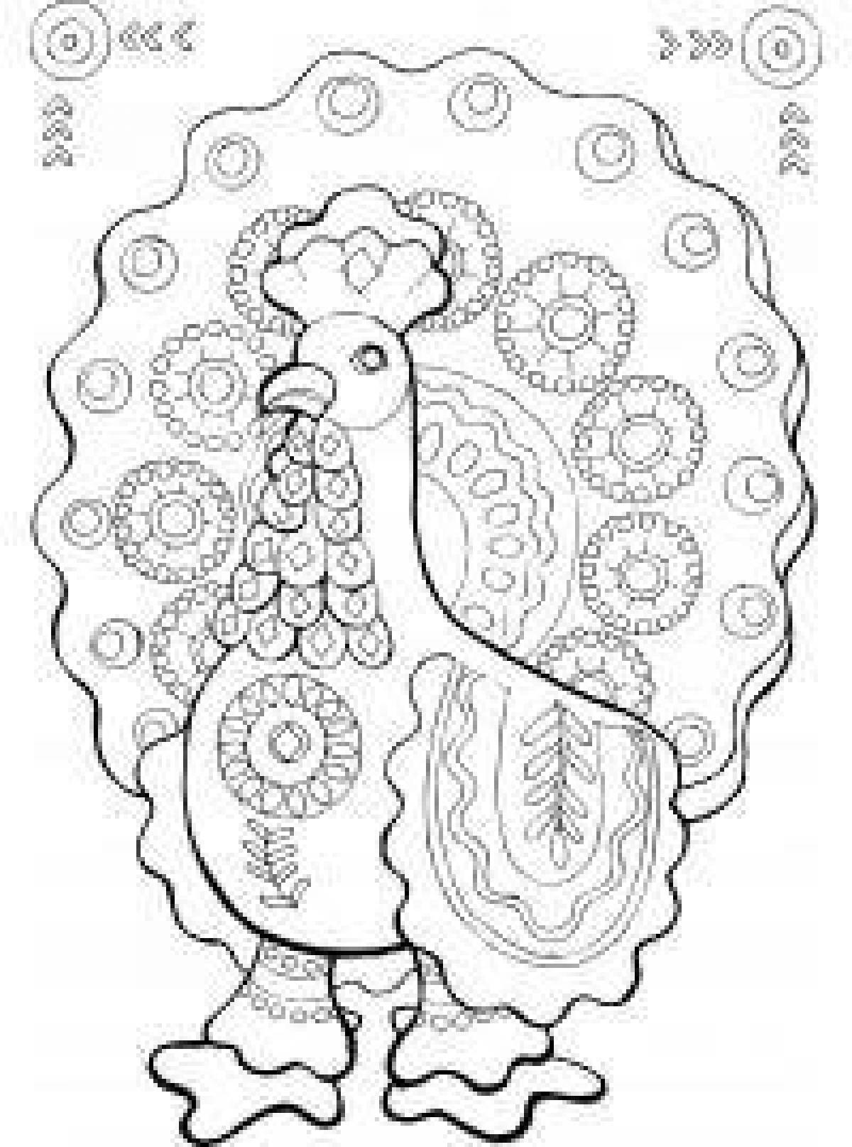 Coloring page playful Dymkovo toy turkey