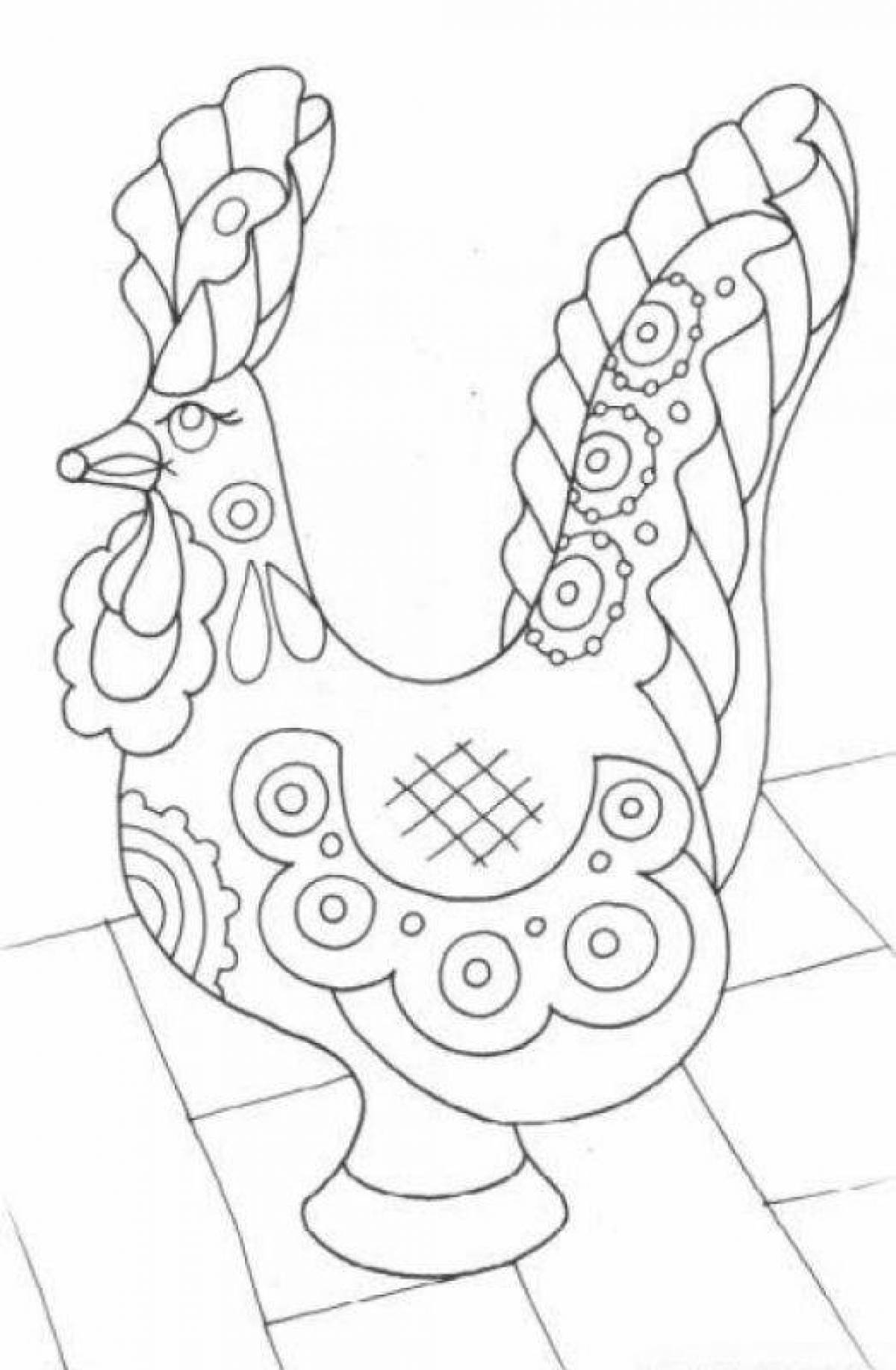 Coloring page glowing Dymkovo toy turkey