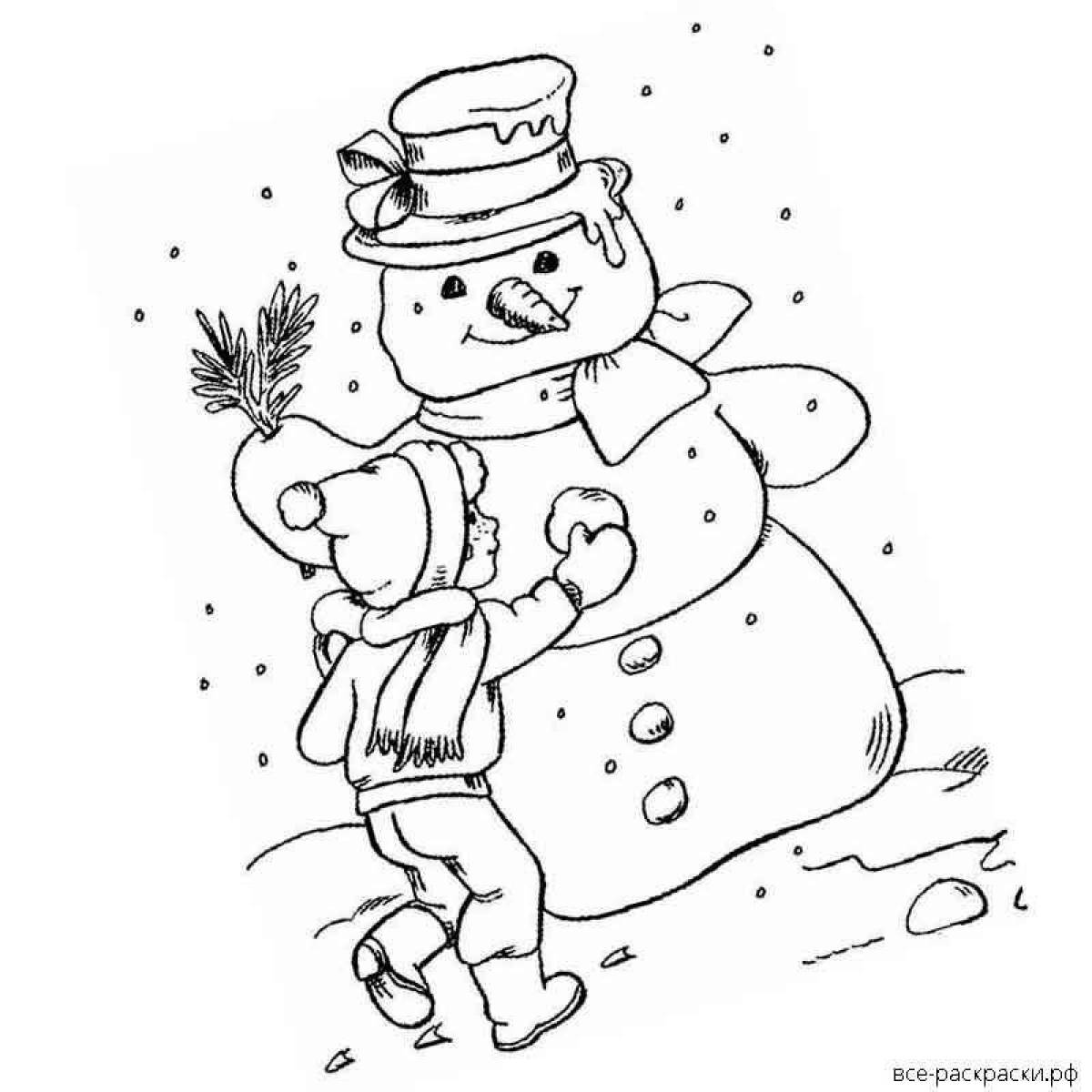 Радостная раскраска дети делают снеговика
