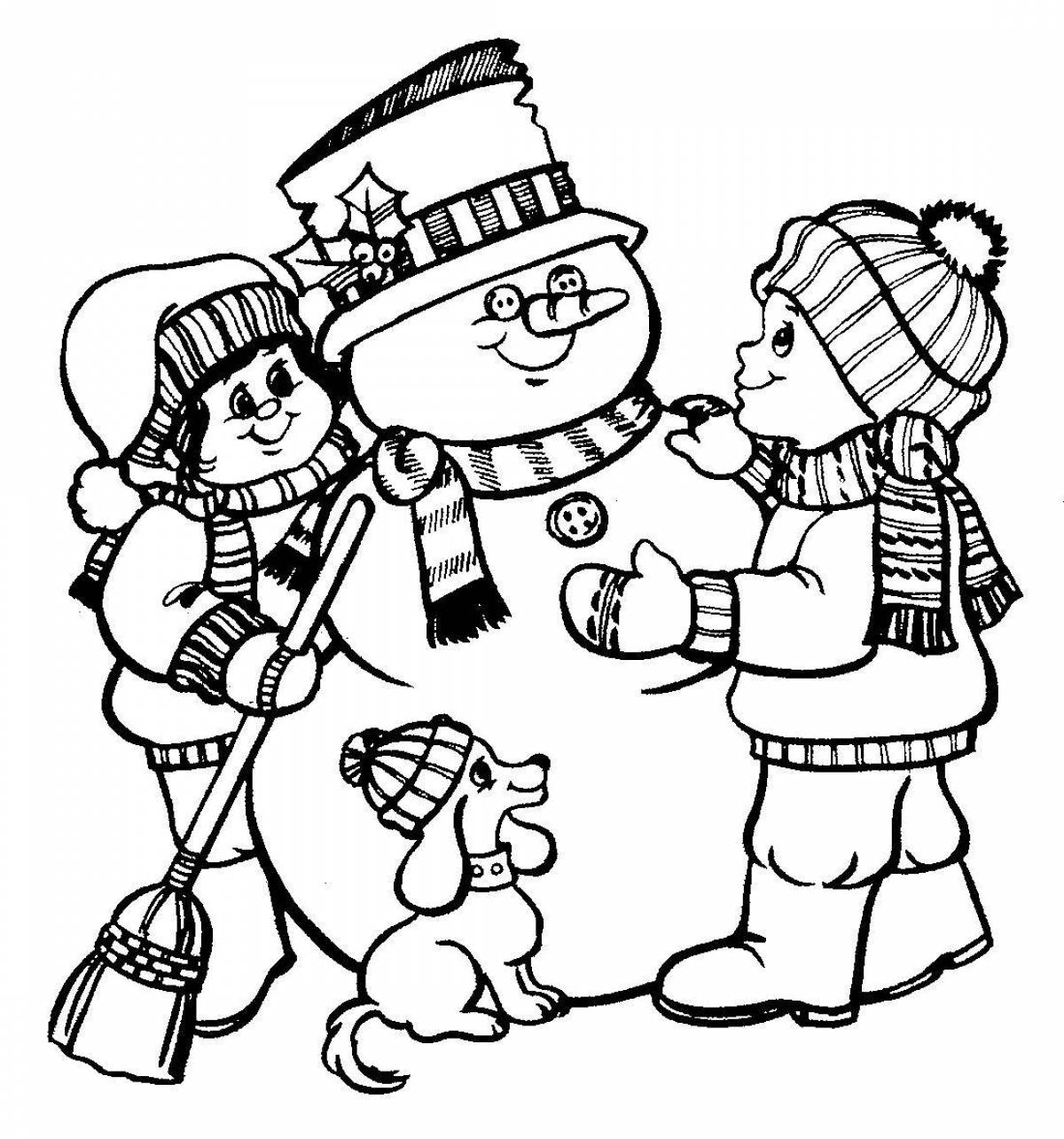Holiday coloring children make a snowman