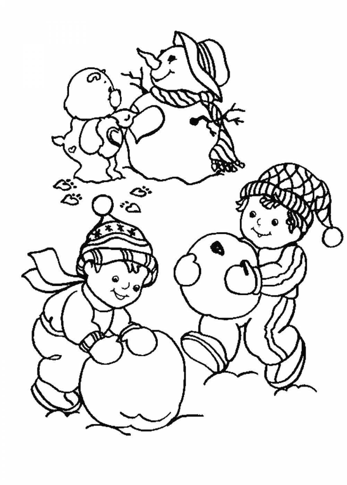 Креативная раскраска дети делают снеговика