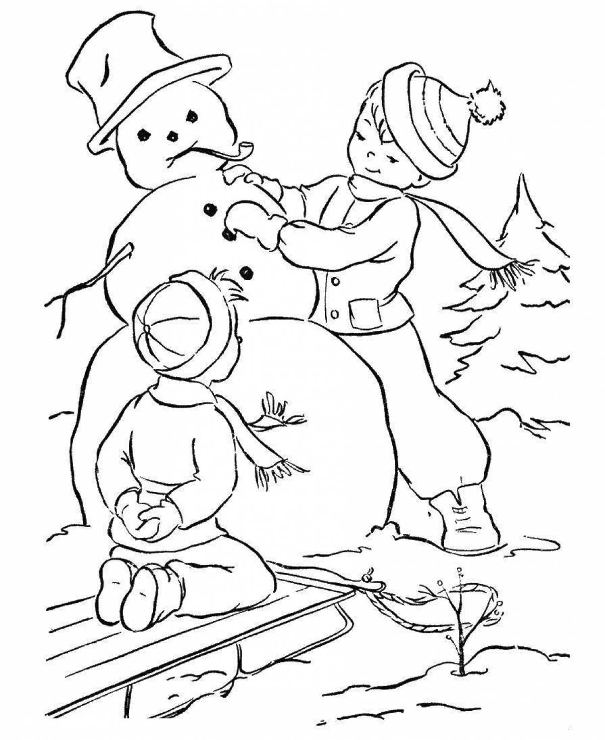 Adorable coloring book kids make a snowman