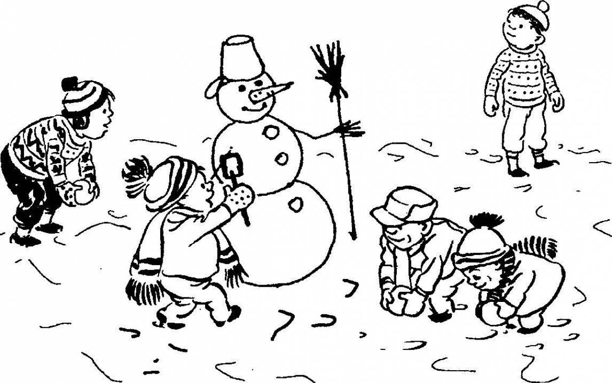 Playful coloring kids make a snowman