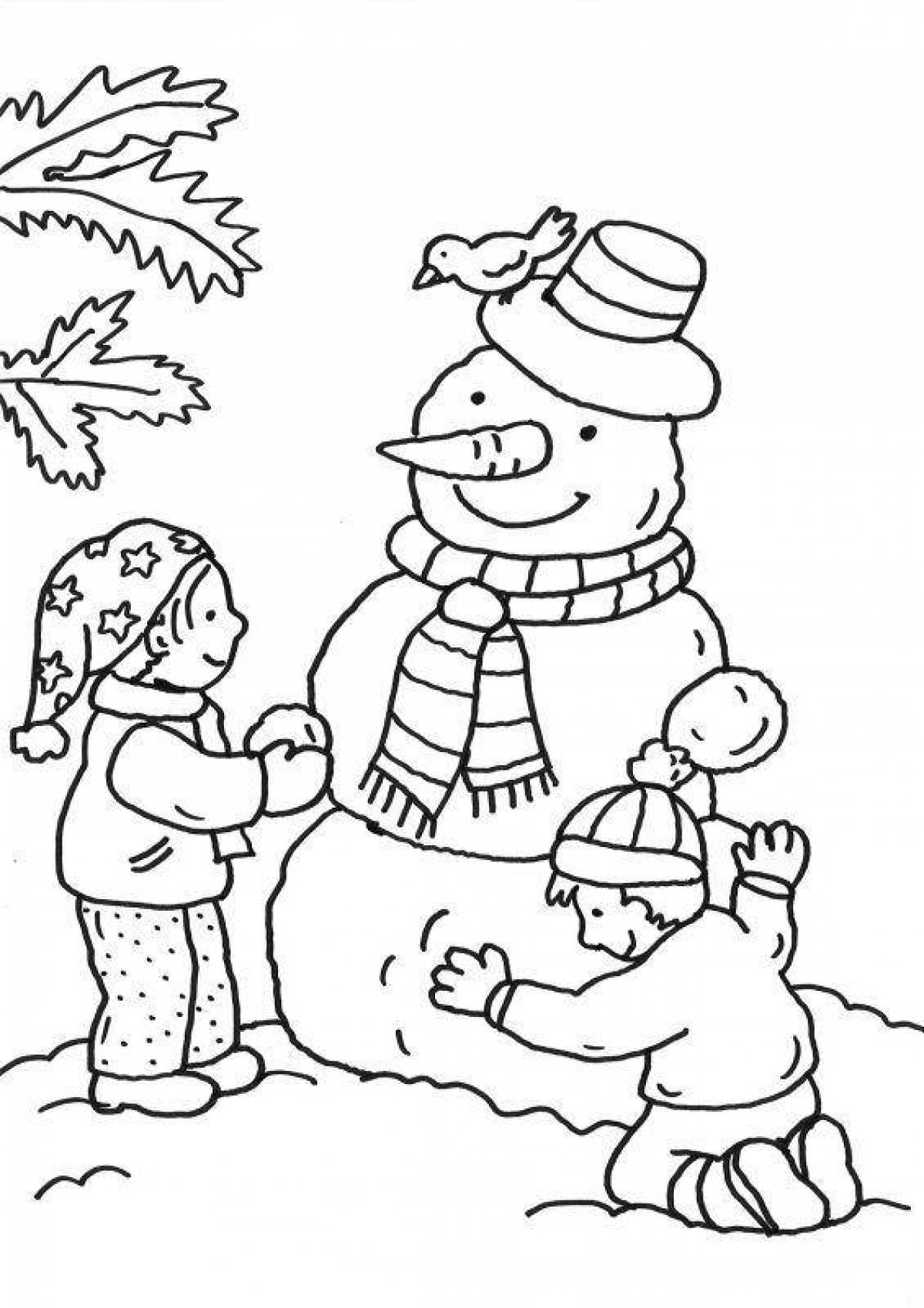 Веселая раскраска дети делают снеговика