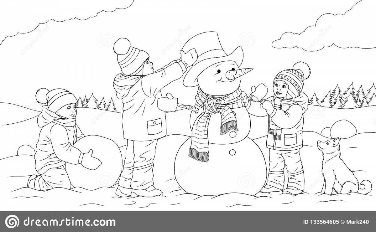 Fancy coloring kids make a snowman