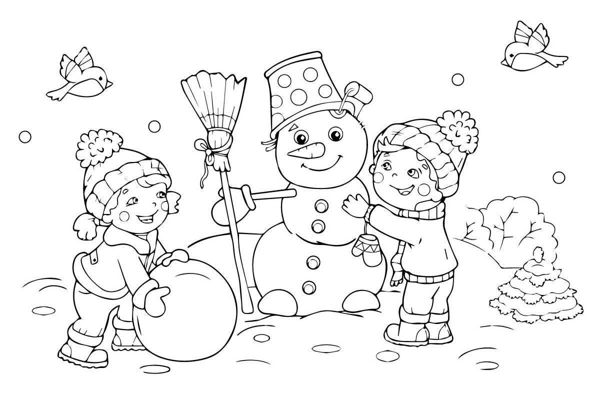 Восхитительная раскраска дети делают снеговика