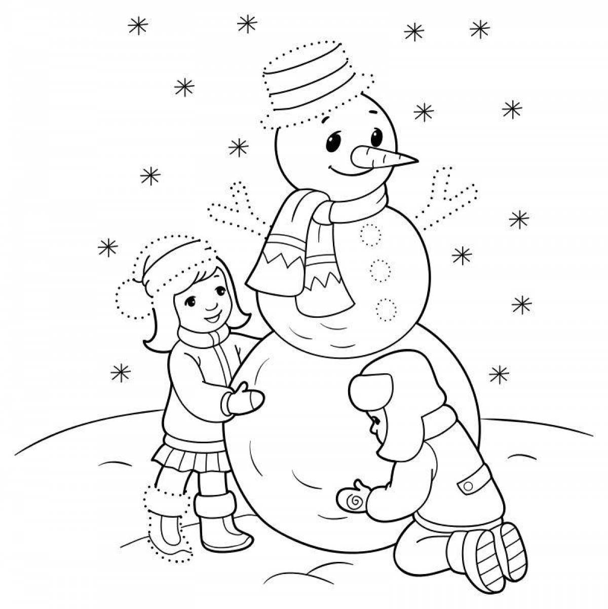 Яркая раскраска дети лепят снеговика