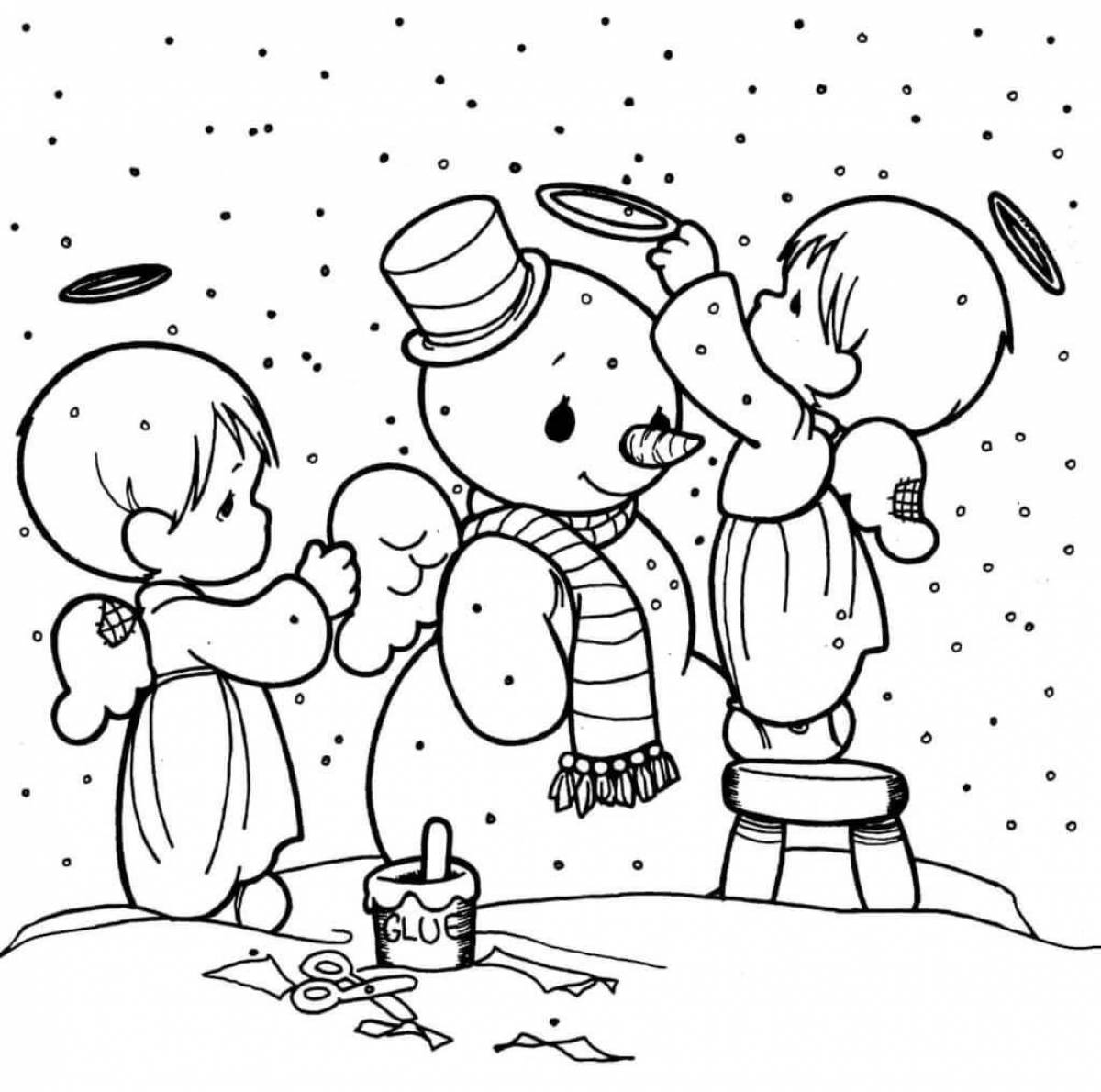 Раскраска снеговик дети. Дети лепят снеговика