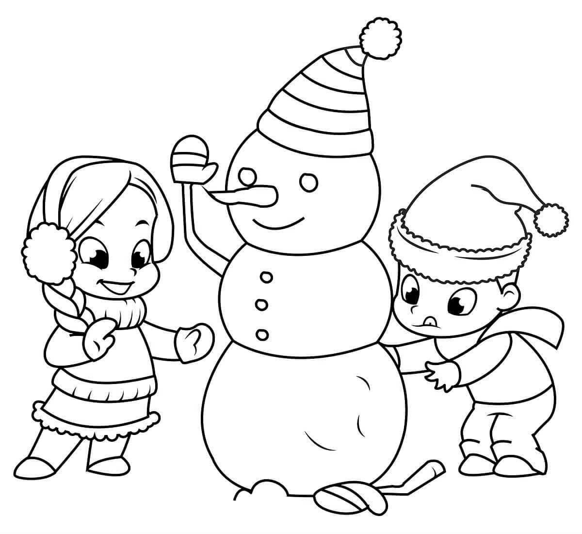 Безумная раскраска дети делают снеговика