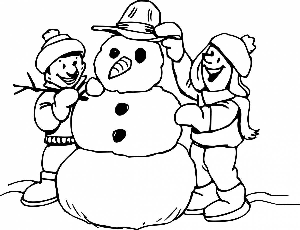 Color-mad coloring page children make a snowman