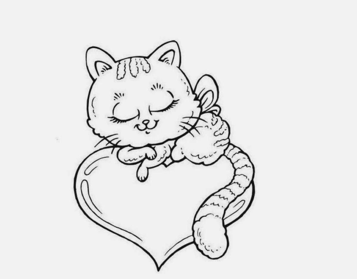 Котик с сердцем раскраска