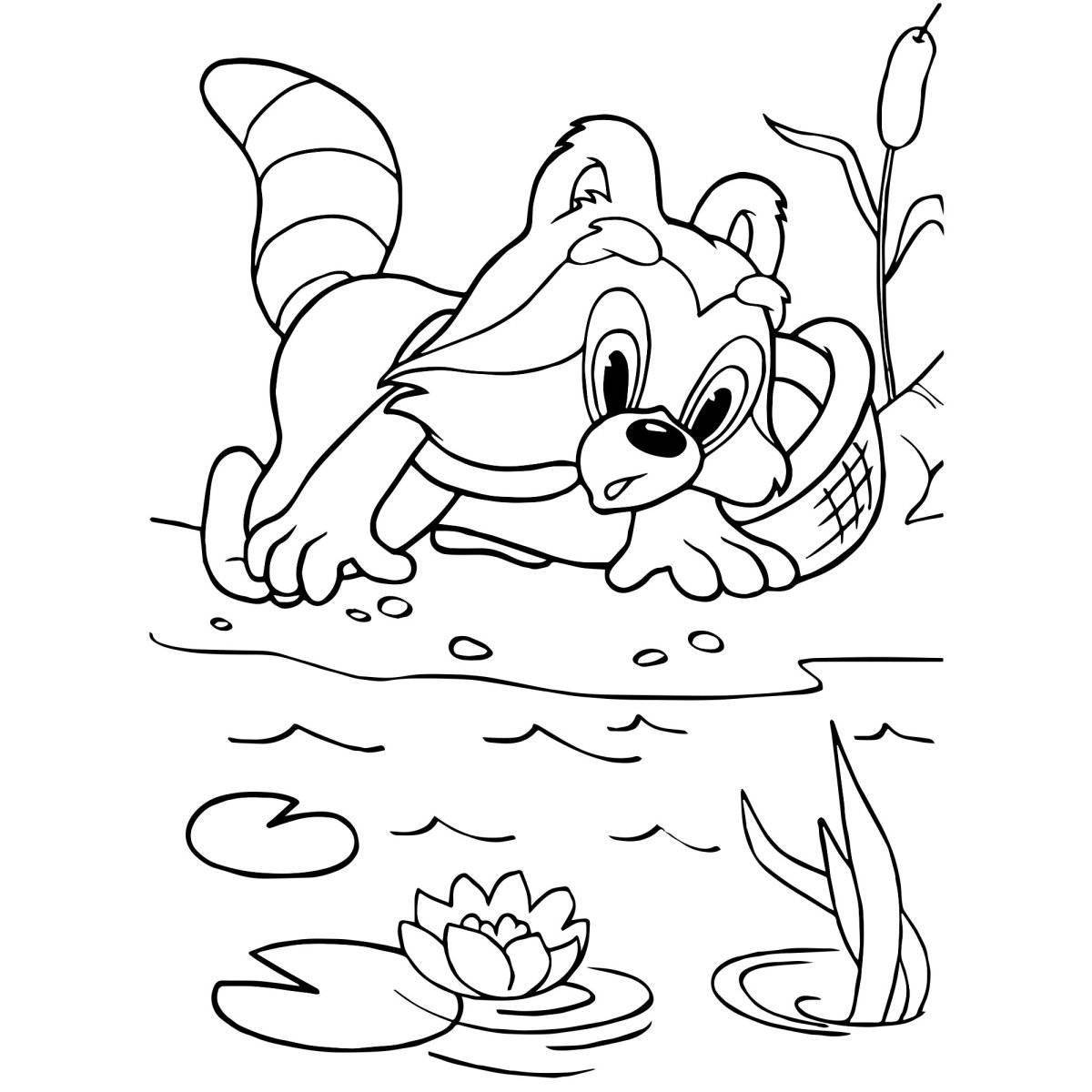 Color-explosion raccoon coloring page for children