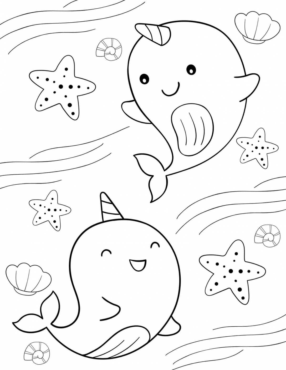 Playful narwhal coloring book