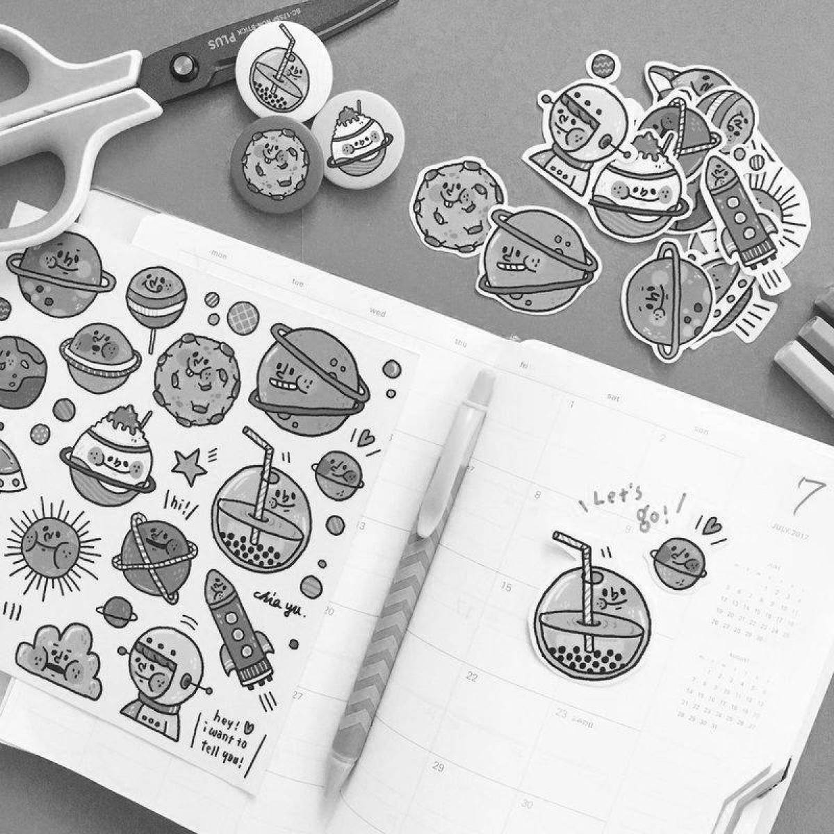 Playful coloring book with stickers