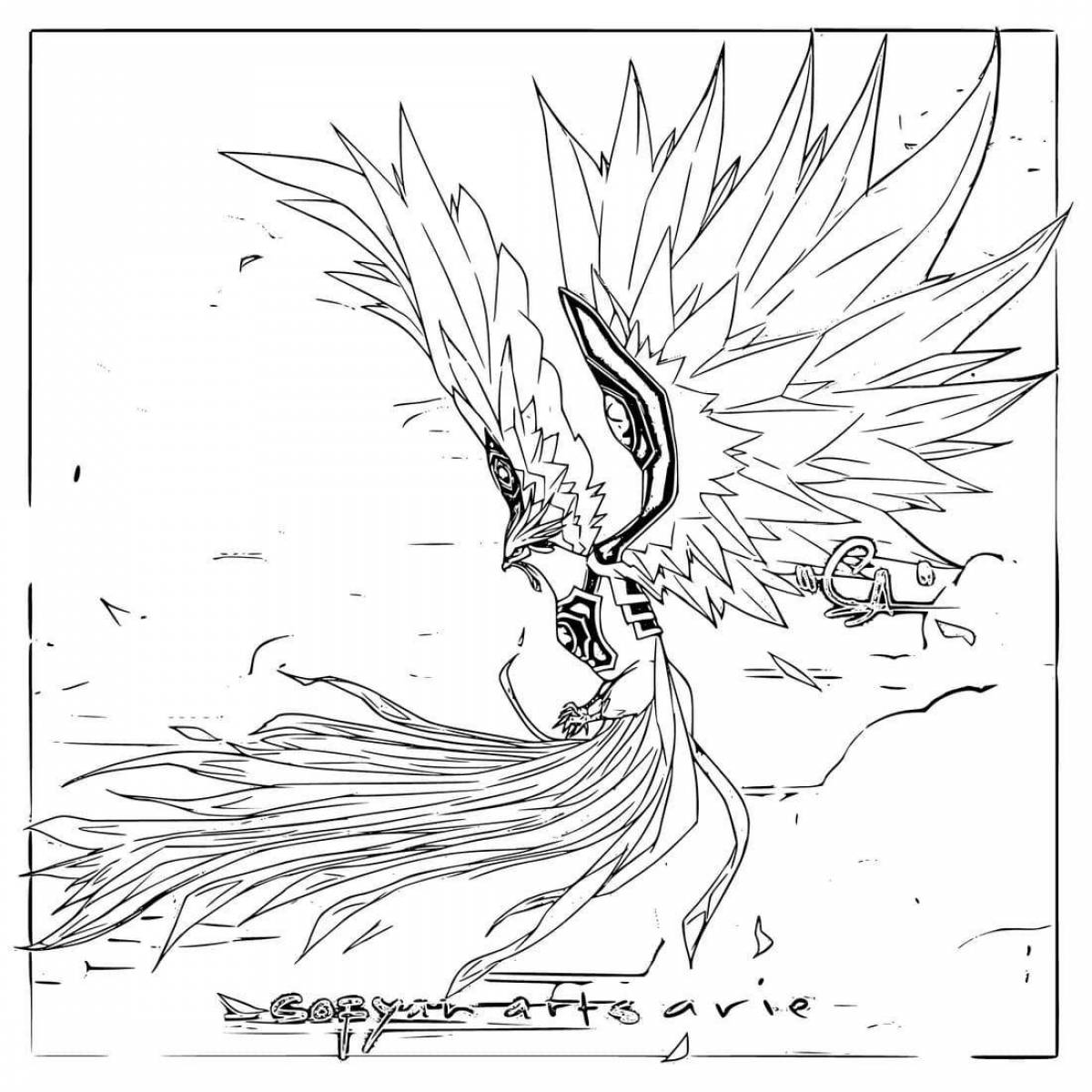 Brightly colored phoenix coloring page