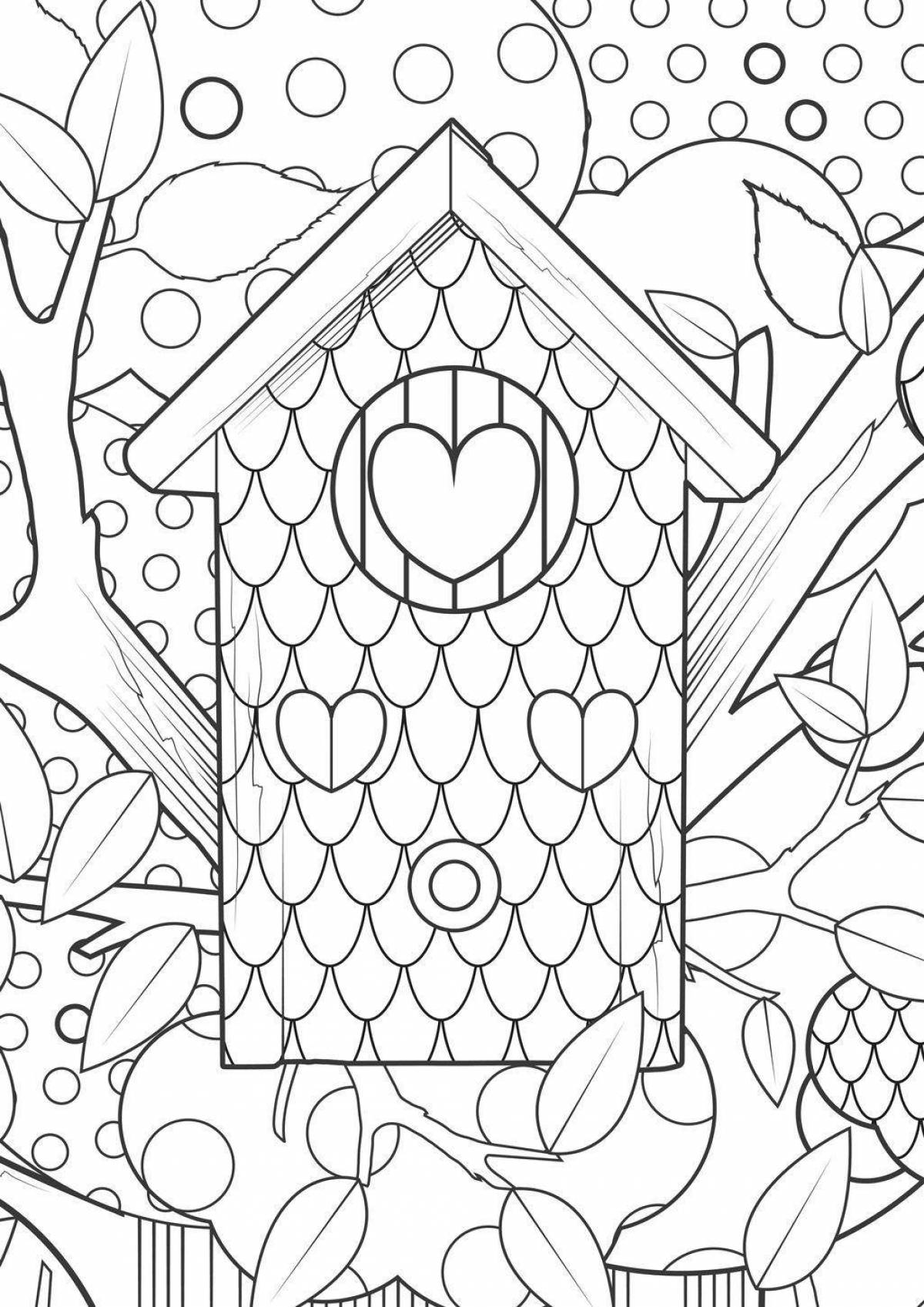 Coloring book cheerful birdhouse
