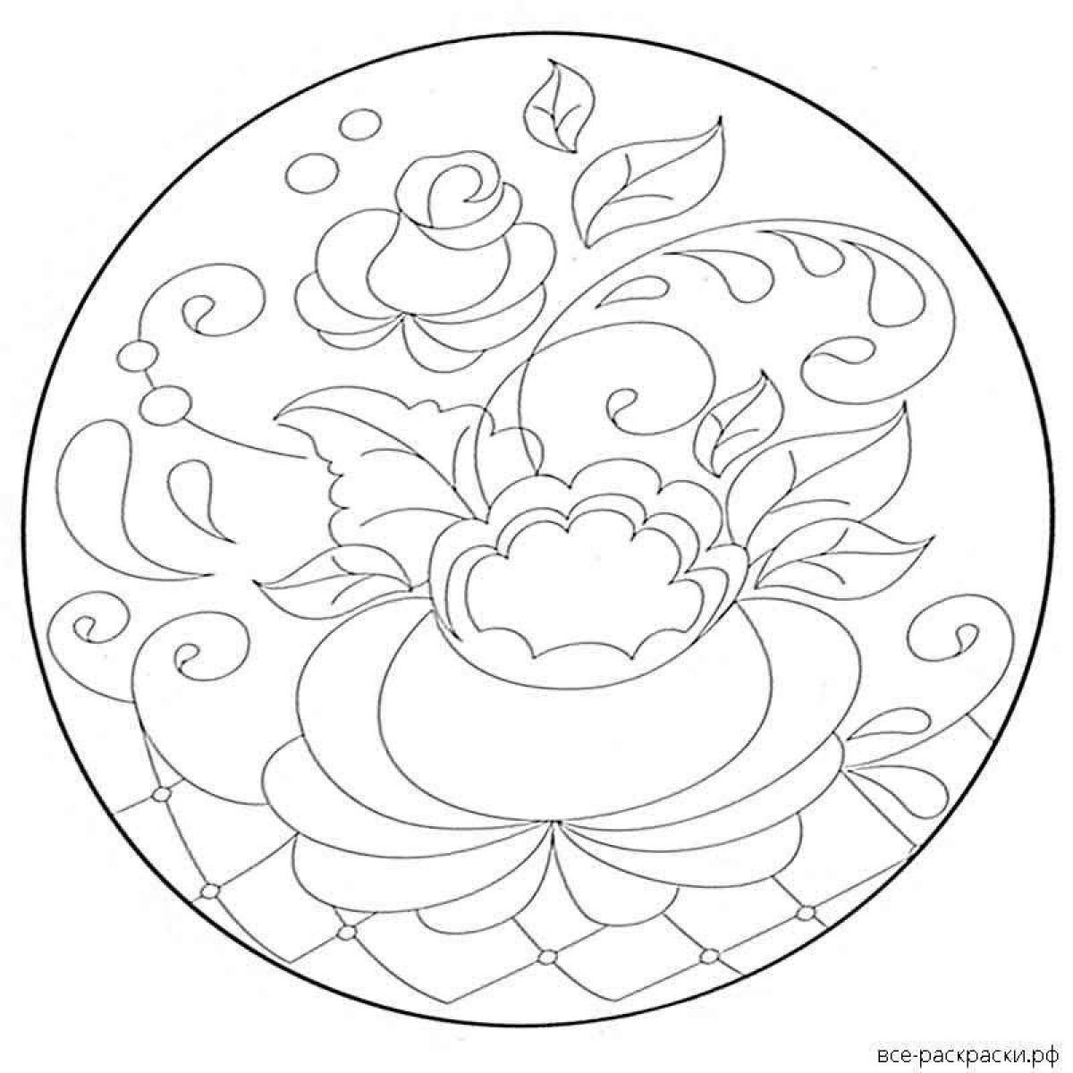 Coloring book intriguing Gzhel plate