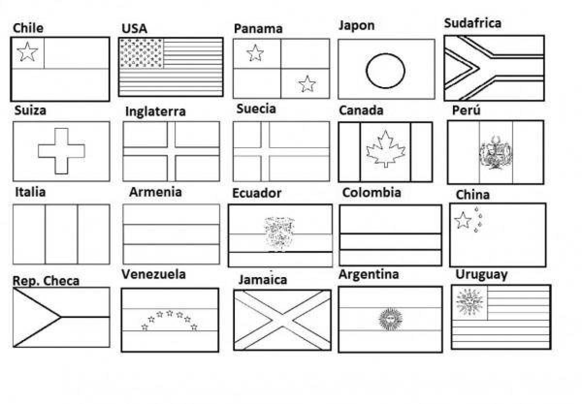 Coloring page with animated country flags