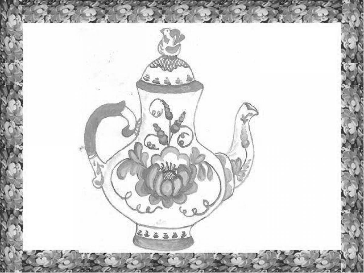 Раскраска украшенный гжель чайник