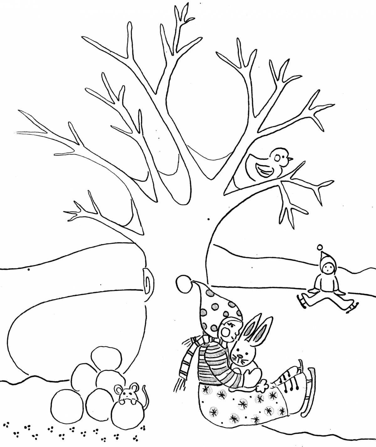 Glowing winter tree coloring page