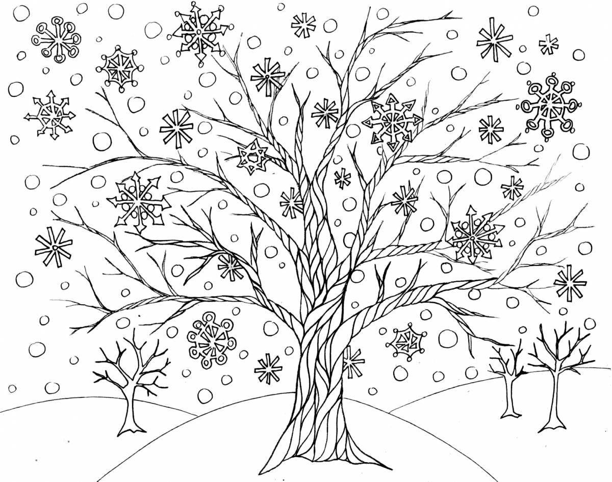 Playful winter tree coloring page